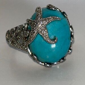 EA designer turquoise & diamond starfish ring Sz 9 cabochon sterling silver 925